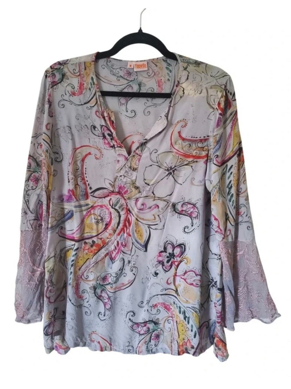 Tianello 100% Silk Floral Tunic Top Embroidered Lace Cuffs Womens Medium Fairy